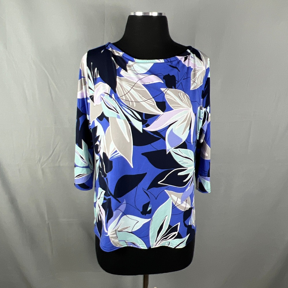 Womens Blouse Top PXL Multicolor Abstract Floral Quarter Sleeve Boat Neck Casual